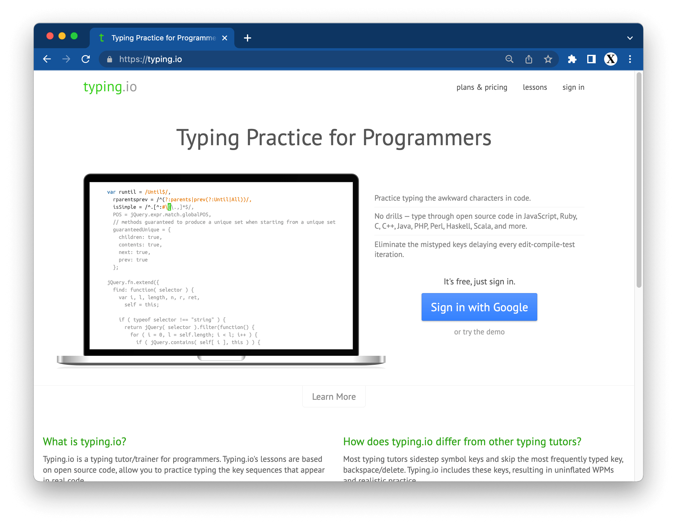 typing.io - Typing Practice for Programmers